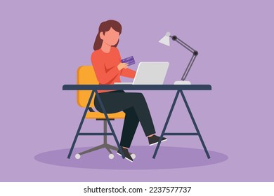 Graphic flat design drawing young woman sitting on chair and typing entering credit card code on laptop around desk. Digital payment, online store technology concept. Cartoon style vector illustration