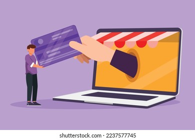 Graphic flat design drawing young man inserting credit card into large canopy laptop screen and accepted by hand. Digital payment technology and online store concept. Cartoon style vector illustration