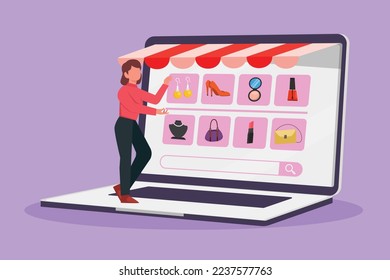 Graphic flat design drawing young woman choosing shopping items on a giant laptop screen. Digital lifestyle with internet and gadget concept. Online store technology. Cartoon style vector illustration