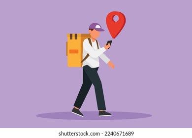 Graphic flat design drawing of young male courier walking while looking smartphone and there is gps pin coming out of smartphone. Online delivery service technology. Cartoon style vector illustration