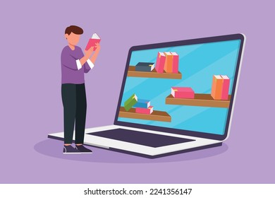 Graphic flat design drawing young male college student reading book while standing in front of laptop computer with bookshelf on screen. Digital education technology. Cartoon style vector illustration