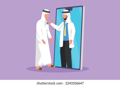 Graphic flat design drawing young Arab male doctor comes out of smartphone screen and check male patient heart rate using stethoscope. Online doctor medical metaphor. Cartoon style vector illustration