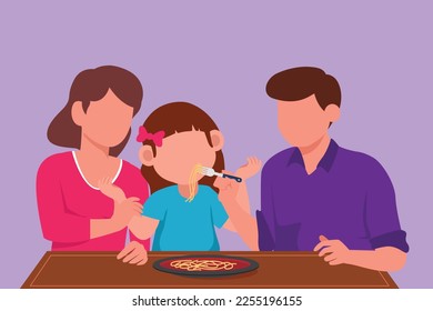 Graphic flat design drawing young family having lunch together in restaurant. Parents feeds they daughter with love. Happy little family eating noodle or spaghetti. Cartoon style vector illustration