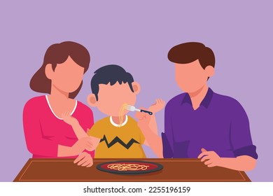 Graphic flat design drawing young family having lunch together in restaurant. Parents feed they son with love. Happy little family eating noodle or Italian spaghetti. Cartoon style vector illustration