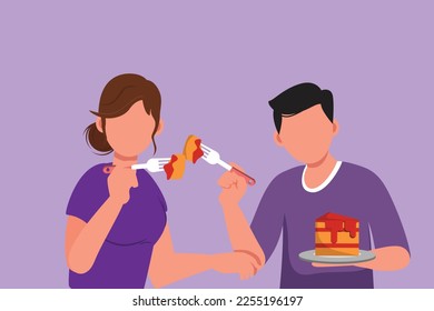 Graphic flat design drawing young couple eating cake and feeding each other. Man and woman having fun dinner together at restaurant. Celebrate wedding anniversaries. Cartoon style vector illustration