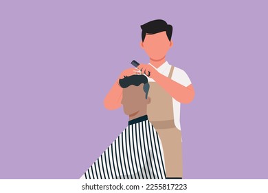 Graphic flat design drawing of young handsome barber making haircut of attractive bearded man in barbershop. Hairdo looks trendy and so perfect. Successful business. Cartoon style vector illustration