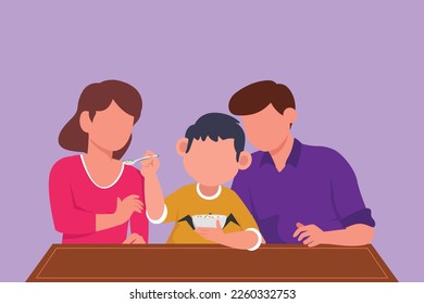 Diseño plano gráfico de la familia joven desayunando junto con cereales y leche en el restaurante. El niño alimenta a su padre con amor. Familia feliz. Ilustración vectorial de estilo de dibujos animados