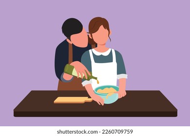 Diseño gráfico de planos que dibujan a un joven marido ayudando a su hermosa esposa a hacer masa añadiendo aceite de oliva. Preparación de pastelería en una acogedora cocina en casa. Feliz cocina de pareja. Ilustración vectorial de estilo de dibujos animados