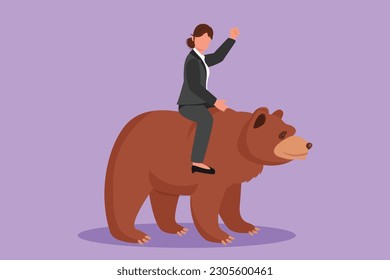Graphic flat design drawing young pretty businesswoman rides on bear in stock market trading concept. stock market analysis, business and investment, stock exchange. Cartoon style vector illustration