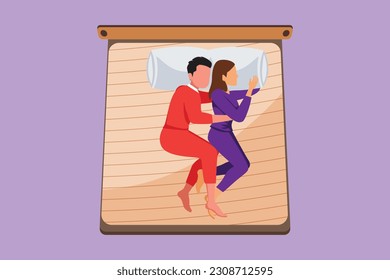 Diseño gráfico plano que dibuja a jóvenes parejas románticas abrazándose y acostándose en la cama. Los amantes suaves y cuidadosos se abrazan unos a otros, dulce sueño, susurrar palabras de amor o sueño. Ilustración vectorial de estilo de dibujos animados