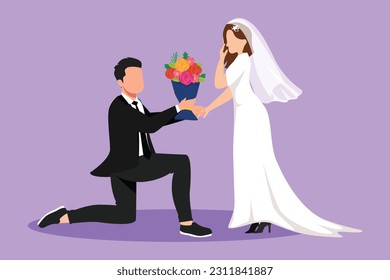 Graphic flat design drawing young man on knee give bouquet to woman wearing wedding dress. Boy in love giving flowers. Happy couple getting ready for wedding party. Cartoon style vector illustration