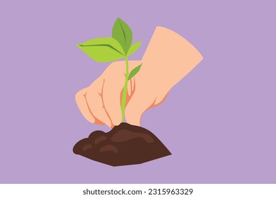 Graphic flat design drawing young woman planting a tree in the garden. Ecology concept. The spring planting. Early seedlings grown from seeds. Agriculture. Earth day. Cartoon style vector illustration