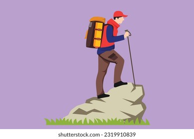 Diseño plano gráfico dibujando a un joven excursionista con mochila encima del logotipo de montaña, icono. Esbozo simple del hombre del senderismo, actividad al aire libre. Senderos, turistas o escaladores felices. Ilustración vectorial de estilo de dibujos animados