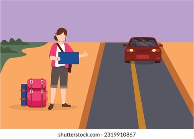 Grafisches flaches Design, das junge Frauen mit Gepäck und Daumen auf dem Auto auf der Straße zieht. Hitchwanderung Straße Reise. Ferien-, Ferien- und Ausflugskonzept, Symbol. Cartoon-Stil, Vektorgrafik