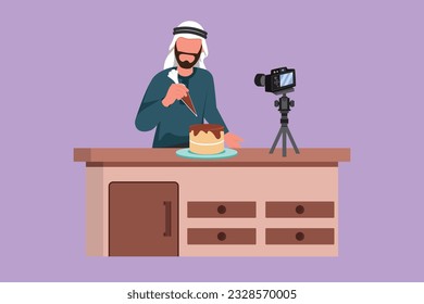 Graphic flat design drawing young male food blogger creating content. Arab man shooting cooking video using camera on tripod. Chef baking, decorating cake at kitchen. Cartoon style vector illustration