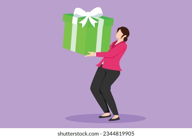 Graphic flat design drawing young beautiful girl carry big gift box. Pretty woman carrying a large gift box. Bonus or special offer. Present. Concept of celebration. Cartoon style vector illustration