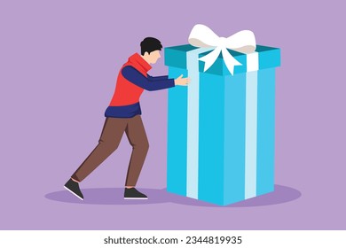 Graphic flat design drawing young man pushes in front of him huge gift. Giving gifts for holiday concept. Wrapped birthday gift box with bow. Present, gift, birthday. Cartoon style vector illustration