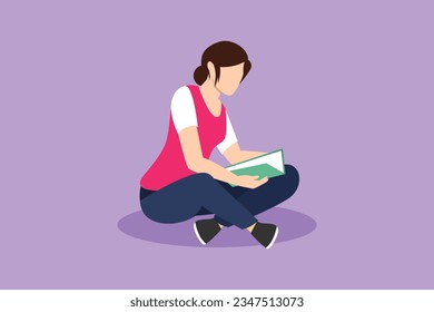 Graphic flat design drawing young pretty female sitting on floor and reading book. Beautiful woman spending weekend with books. Leisure activity, repose, relaxation. Cartoon style vector illustration