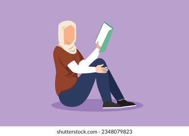 Graphic flat design drawing young beautiful Arabian woman sitting on floor, reading book. Reading, studying. Pretty girl love to read literature. Education, library. Cartoon style vector illustration