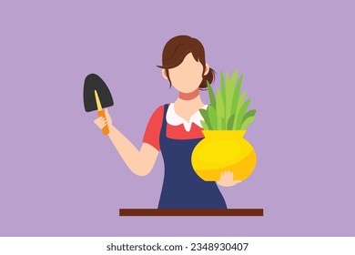 Graphic flat design drawing young woman gardener. Beautiful lady farmer holding little shovel and plant in pot. Pretty girl gardener takes care of green home garden. Cartoon style vector illustration