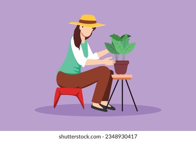 Diseño plano gráfico que dibuja a una joven mujer hermosa sentada y plantando flores en los jardines, hobby agrícola de jardineros y trabajo en el jardín. Jardinería, flores de jardinero. Ilustración vectorial de estilo de dibujos animados