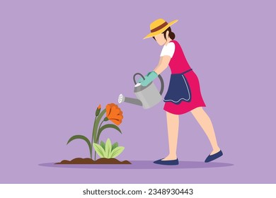Graphic flat design drawing young pretty girl volunteer watering plant with watering can, volunteering, charity, supporting people. Botanical garden, planting flower. Cartoon style vector illustration
