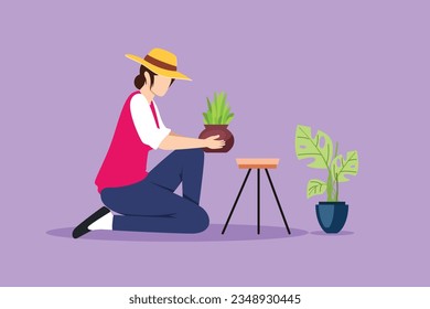 Graphic flat design drawing young beautiful woman worker kneeling, potted plants. Houseplants in pots in greenhouse, botanical garden, flowers growing, plant nursery. Cartoon style vector illustration