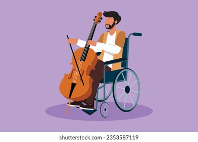 Diseño gráfico plano dibujando a un joven árabe sentado en silla de ruedas toca el violoncelo en concierto. Discapacidad y música clásica. Discapacitado físicamente. Persona en el hospital. Ilustración vectorial de estilo de dibujos animados