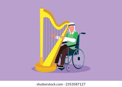 Graphic flat design drawing of young Arabian man sitting in wheelchair plays harp in concert. Disability and classical music. Physically disabled. Person in hospital. Cartoon style vector illustration