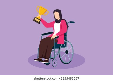 Graphic flat design drawing young pretty Arab woman in wheelchair hold golden cup trophy winner podium. Disabled person. Tournament game competition, sport training. Cartoon style vector illustration
