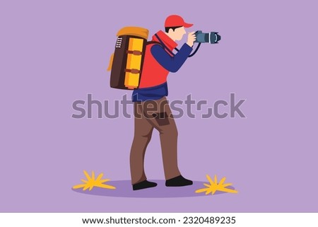 Graphic flat design drawing young male photographer standing taking photo using camera, tourist with backpack. Photographer with his telephoto lens icon logo symbol. Cartoon style vector illustration
