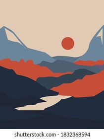 Graphic flat illustration. Mountain landscape with red sun. Japanese style
