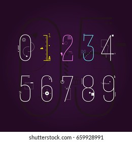 Graphic Flat Line Art Style Numbers Set. Geometric Objects Numbers Typeface. Space Abstract Technology Vector Illustration Pack.