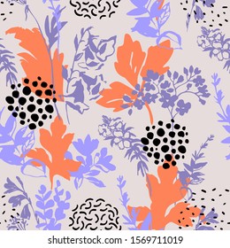 Graphic floral background with minimal elements. Abstract flowers, leaves silhouettes, doodles seamless pattern. Hand drawn sketch. Vector botanical illustration for package, wallpaper, textile design