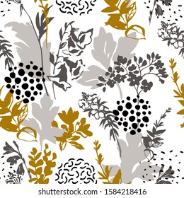 Graphic floral background with minimal elements. Abstract flowers, leaves silhouettes, doodles seamless pattern. Hand drawn sketch. Vector botanical illustration for package, wallpaper, textile design