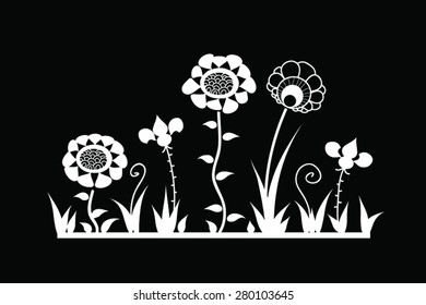 Graphic floral background. Vector illustration of stylized flowers and grass. White garden on black. As design element or print - or whatever you want. EPS 10