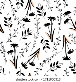 Grafisches, florales Schwarz-Weiß-Muster. Trauernder Hintergrund der Vektorillustration. Endlose Textur für Stoffe, Heimtextilien, Tischdecken und Bettwaren.