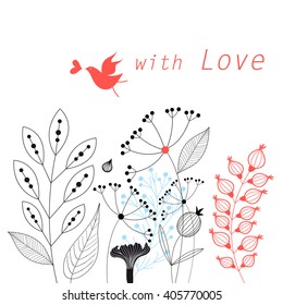 Graphic floral card with bird in love