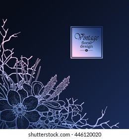 Graphic floral card. Corner design. Vector leaves and flowers in dark blue colors. Wedding style decorations. Night mood