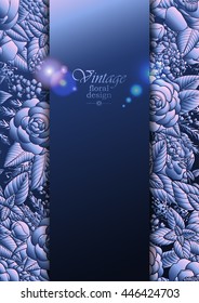 Graphic floral card. Corner design. Vector leaves and flowers in dark blue colors. Wedding style decorations. Night mood