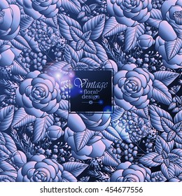 Graphic floral card. Corner design. Vector leaves and flowers in dark blue colors. Wedding style decorations. Night mood