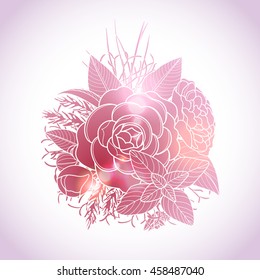 Graphic floral card. Vector camellia isolated leaves and flowers in cute vignette.. Wedding style decorations in pink colors