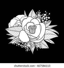 Graphic floral card. Vector camellia leaves and flowers in cute vignette isolated on black background. Coloring book page design for adults and kids