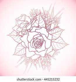 Graphic floral card. Vector isolated rose leaves and flowers in cute vignette. Wedding style decorations in blue and pink colors