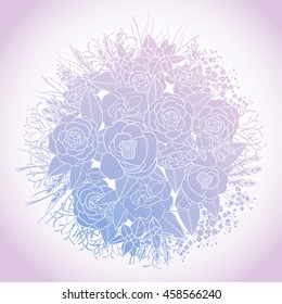 Graphic floral card. Vector isolated leaves and flowers in circle shape. Wedding style decorations in blue and pink colors