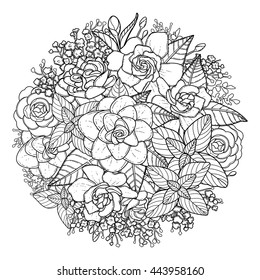 Graphic floral card. Vector leaves and flowers in circle shape isolated on white background. Wedding style decorations in black and white colors. Coloring book page design for adults and kids