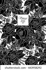 Graphic floral card. Vector leaves and flowers in black colors on white background. Wedding style decorations.