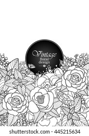 Graphic floral card. Vector leaves and flowers in black colors on white background. Wedding style decorations. Coloring book page design for adults and kids