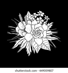 Graphic floral card. Vector leaves and flowers isolated on black background. Wedding style decorations in black and white colors. Coloring book page design for adults and kids