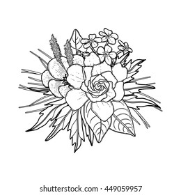 Graphic floral card. Vector leaves and flowers isolated on white background. Wedding style decorations in black and white colors. Coloring book page design for adults and kids